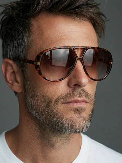 1 par de gafas de aviador con montura de PC con estampado de leopardo, estilo casual de calle, de vacaciones, de moda oversize para hombres