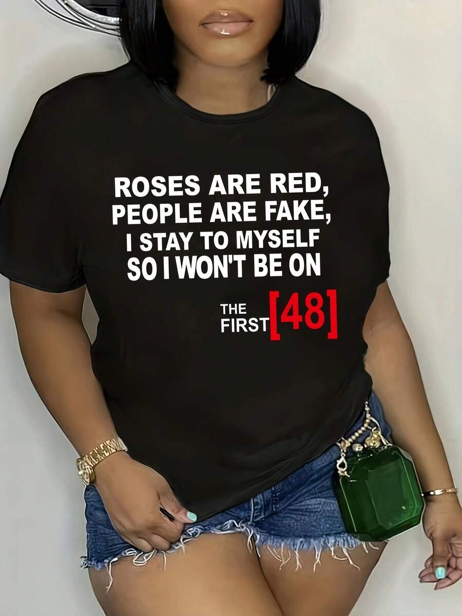 Camiseta estampada en rojo rosa para mujer - Camiseta casual de manga corta y cuello redondo con diseño de eslogan, adecuada para mujeres con curvas y para un uso diario cómodo, ideal para primavera, verano y otoño, lavable a máquina. - Negro - Ver 1