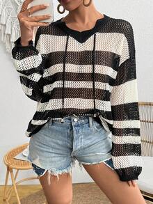 Suéter de punto con diseño de rayas y calado para mujer, con diseño de lazo, ajuste holgado casual, manga larga, ligero y protector solar, de moda y versátil para el verano en color negro - Negro - Ver 6