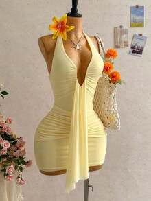 Vestido mini casual de vacaciones para mujer con escote en V profundo, cuello halter con lazo, y drapeado.Adecuado para la playa, cruceros y festivales de música en verano - Amarillo claro - Ver 8