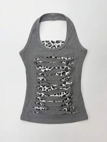 Áo tank top crop top phong cách Y2K dành cho nữ, họa tiết da báo xám, khoét lỗ, trang phục đường phố mùa hè cho các lễ hội. - Xám - Xem 8