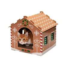 Pet Furniture for Cats and Kittens - Decorated Gingerbread Christmas House Corrugated Cat Scratcher Hideout with Catnip Holiday Print One Size - Casa de jengibre  Navidad - Ver 2