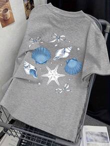 Girls' Loose Graphic T-Shirt, Hand-Painted Shell & Starfish Pattern, Bow Decor, Casual Oversized Fit, Suitable For Beach Vacation, Back To School, Summer Wear - Grey - View 3