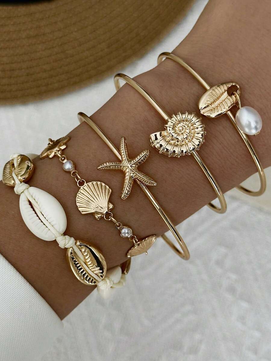 5 chiếc vòng tay co giãn nhiều lớp kiểu Bohemian đại dương làm từ hợp kim, đính hình sao biển, vỏ sò, ốc xà cừ và ngọc trai dành cho nữ. - Vàng - Xem 1