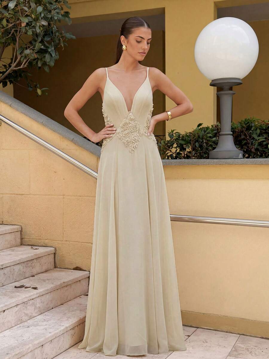 Đầm phù dâu bằng chiffon không tay, cổ chữ V sâu, thanh lịch, có thiết kế xẻ tà phía sau và hơi co giãn. - Màu quả mơ - Xem 1