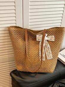 Summer Beach Vacation Straw Shoulder Bag, Large Capacity Bucket Bag For Women - Khaki - View 9