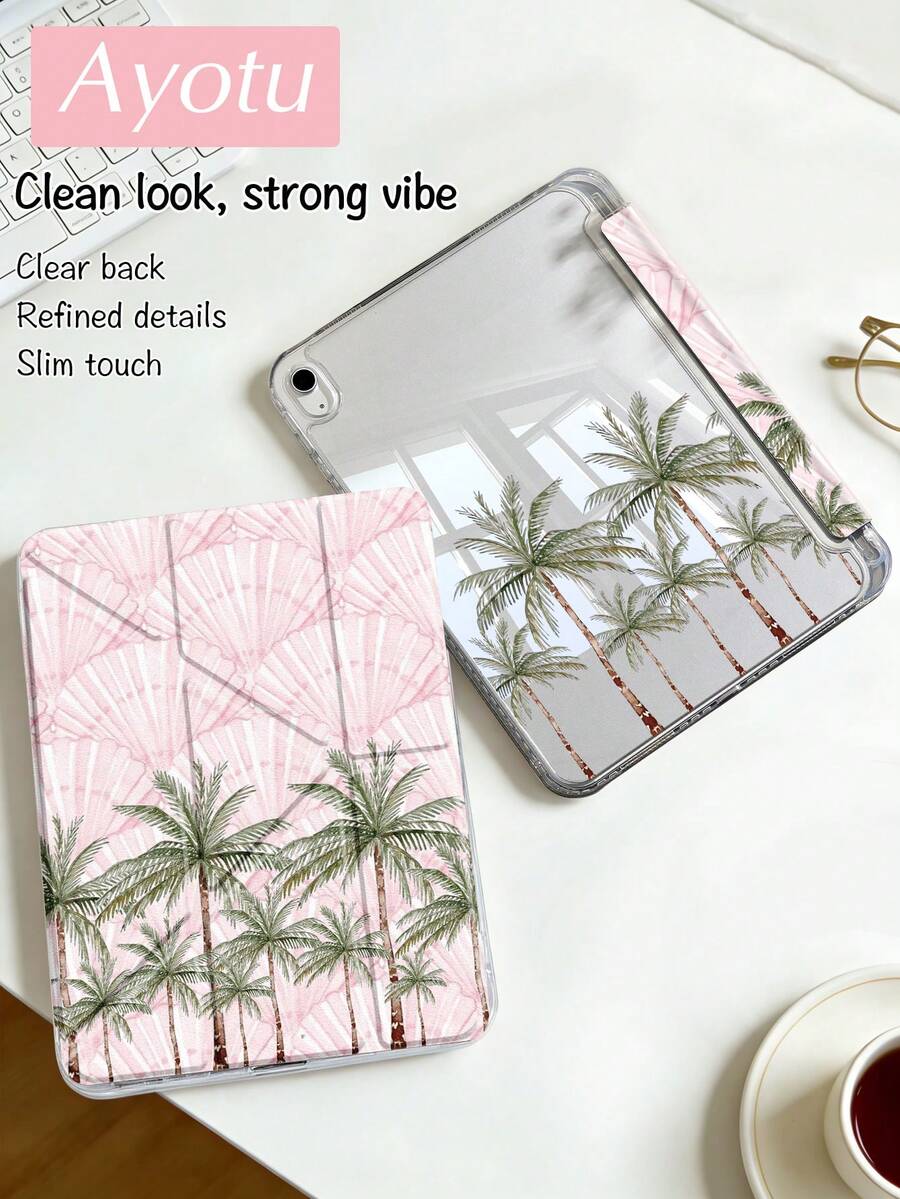Ốp lưng máy tính bảng họa tiết vỏ sò và cây dừa, tương thích với iPad Air 8 (M4) 2026 (11/13 inch), Air 11 inch M3 2025 / M2 2024, Air thế hệ thứ 5 2022, (A16) 11 inch thế hệ thứ 11 2025, tương thích với Samsung Galaxy Tab, Kindle Paperwhite thế hệ thứ 12 2024. Mặt lưng trong suốt, ốp bảo vệ họa tiết thời trang, chức năng tự động tắt/mở màn hình, bảo vệ bằng túi khí, thích hợp làm quà tặng và sử dụng trong văn phòng.
