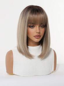 12英寸棕色渐变直发波浪假发，带蓬松刘海，女士合成耐热假发，适合日常、办公室、化妆、万圣节、圣诞节、感恩节、婚礼、派对、约会、生日、度假等场合，高品质合成纤维，自然刘海，波波头假发 - 挑染棕色 - 查看 6