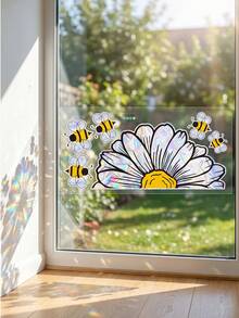 1pc Sunflower & Bee Window Sticker, Bee Flower Rainbow Window Film, Colorful Double-Sided Static Cling Window Decal For Glass, Suction Cup Decoration, Anti-Collision Window Sticker, Suitable For Home Bedroom Living Room Window Decor - A - View 9