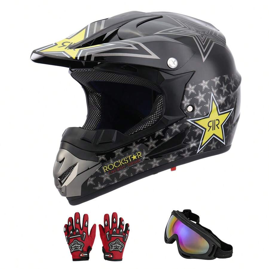 Casco Cross Infantil Niño Moto Con Gafas Guantes Estrella -S - Negro - Ver 1