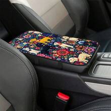 1pc Printed Cartoon Floral & Puppy Vintage Painting Style Armrest Box Pad, Car Interior Accessory - Flower Puppy - View 8