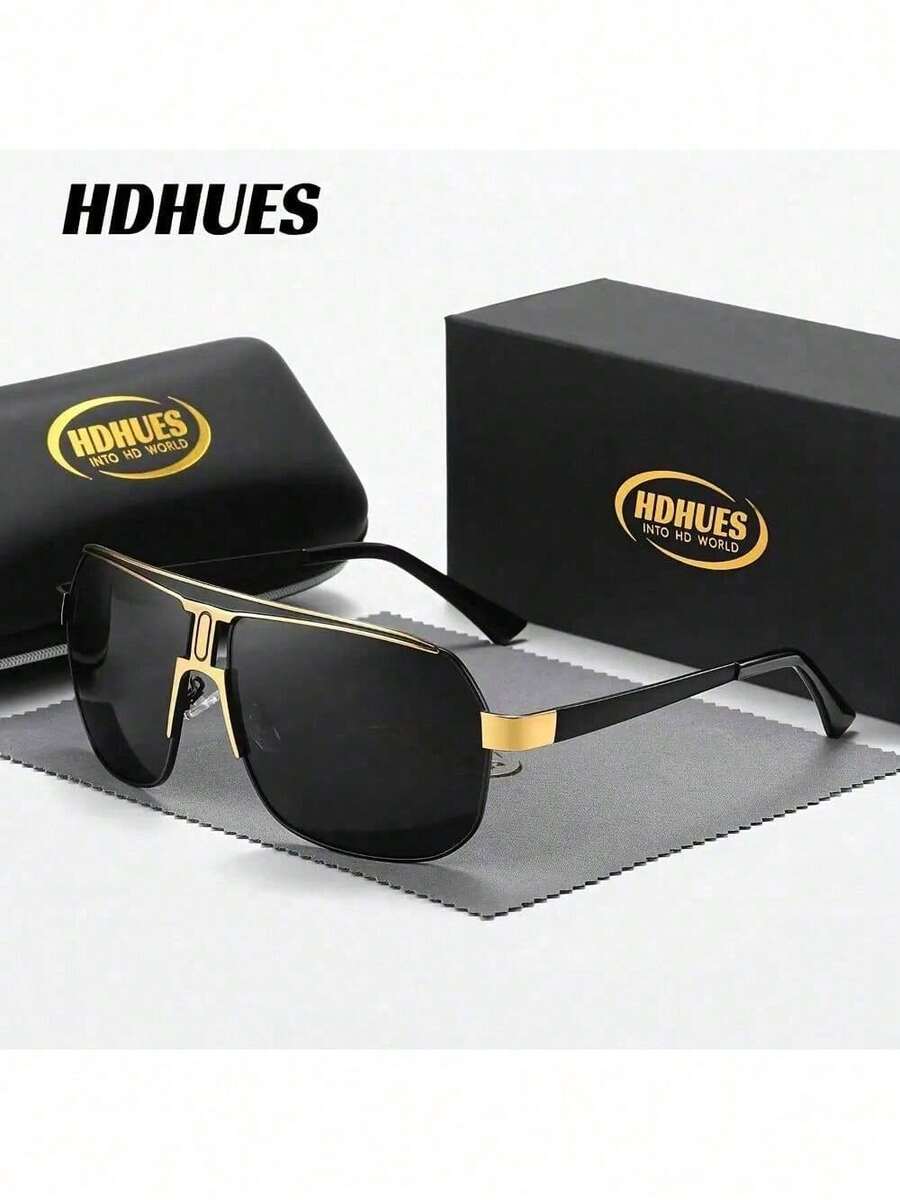 HDHues Unisex Polarized Half Frame Driving Glasses| Alloy Square Large Frame Gold Trim Lightweight Durable Casual Commuting Dual Scene Box DWYY - Black, Gold, Gray - View 1