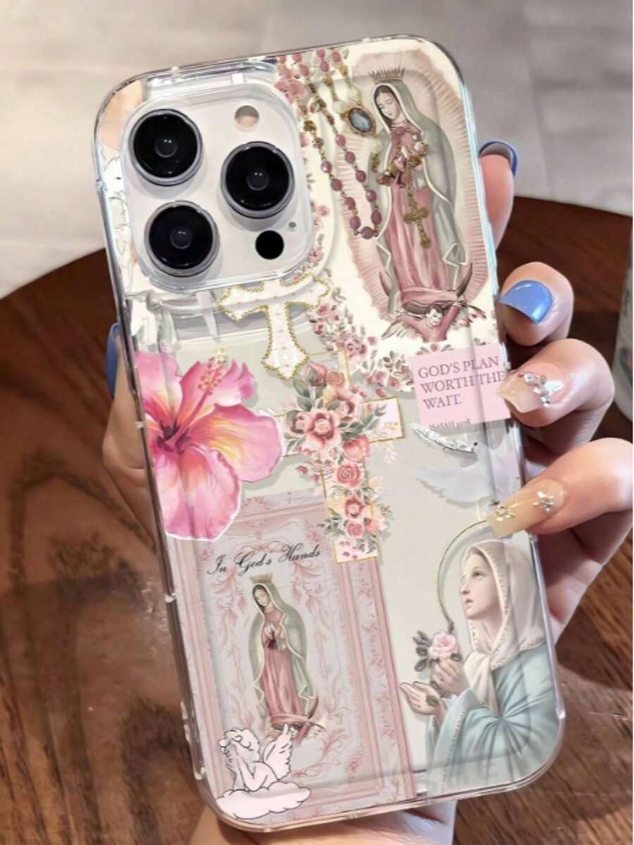 1个艺术十字架和圣母玛利亚图案透明TPU手机壳，防震防指纹，兼容 17 Pro Max/17/17 PAO/16 Pro/16 Plus/15/15 Pro Max/15 Pro/11/12/13/14 Pro Max/11 Pro/11 Pro Max/12 Pro/12 Pro Max/13 Pro/13 Pro Max/14 Pro/14 Pro Max，创意高级设计 - 彩色 - 查看 1