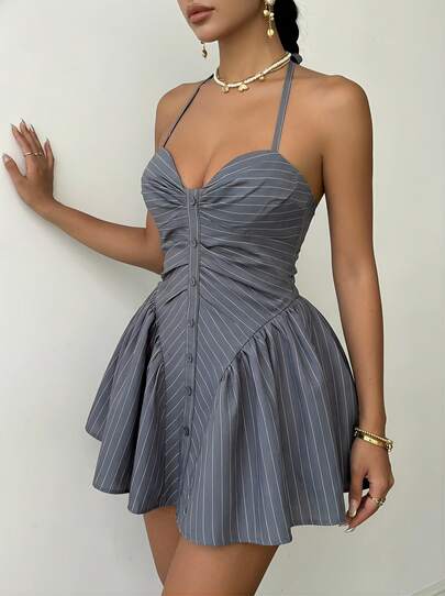 Soulscape Petite Gray Striped Camisole Mini Skirt, Pleated Front Design, Front Button Detail, A-Line Short Skirt, Back Zipper Decor, Sweet Elegant Fashion Style, Suitable For Party, Date Night, Daily Shopping, Outdoor Activities, Vacation, Minimalist Summer Outfit