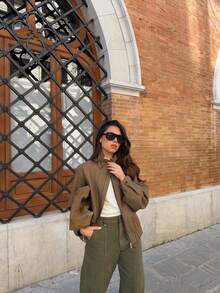 Women's French Vintage Houndstooth Stand Collar Full Zip Jacket With Pockets, Maillard Tone Oversized Fall Homecoming Casual Outerwear - Khaki - View 1
