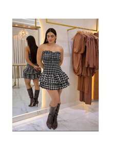 Strapless Checkered Dress -  Winter Fashion For Women - Comfortable - 黑色 - 查看 1