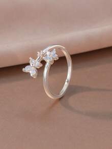 1pc Fashionable Silver Flower & Butterfly Open Ring, Niche Design Luxury Jewelry, Suitable For Date, Party, Work, And Daily Wear - Multicolor - View 2