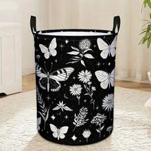 1PC Boho Butterfly & Flower Storage Bucket Black And White Aesthetic Laundry Organizer, Portable Foldable Bin For Bedroom - Black - View 8