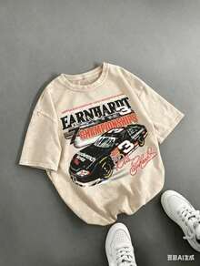 Retro DaleS Earnhardt #3 NASCARS 7 Championships Racing Car Graphic Tee,Casual Print,Comfortable And Versatile,Pure Cotton 220g Washed Printed T-Shirt - 杏色 - 查看 10