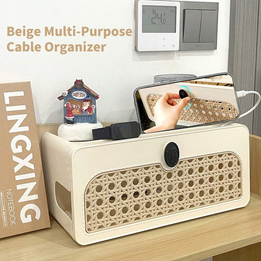 Cable Management Box,Rattan Like ABS Cord And Power Strip Organizer For Desk,Workspace,Home And Office(White) - Beige - View 1