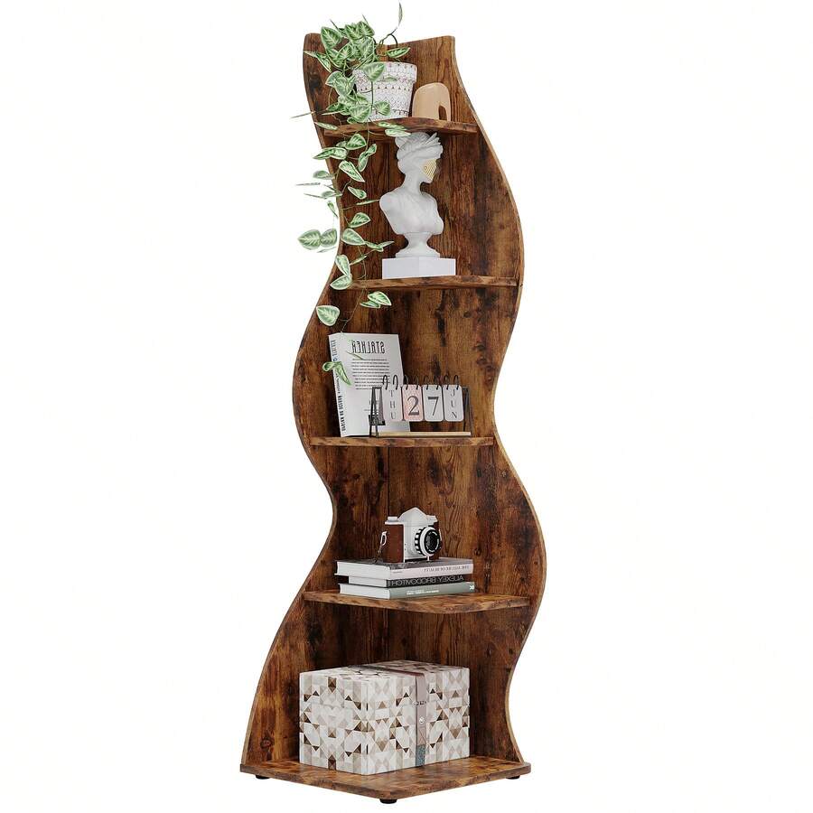 Tribesigns Corner Shelf, Rustic 5-Tier Wall Corner Bookshelf, Stylish Corner Small Bookcase Storage Rack Plant Stand With Unique Shape For Living Room, Home Office, Brown - Brown - View 1
