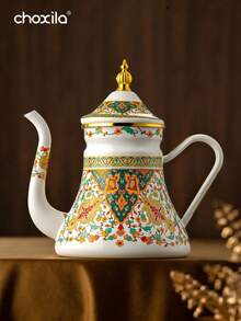 choxila 1pc 1.2L Large Capacity Enamel Floral Pattern Handle Drip Coffee Pot, Suitable For Induction Cooktop And Gas Stove To Brew Coffee Or Tea - Russian Flower Waist Enamel Pot - View 9