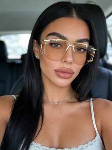 1pc Elegant Square Fashion Glasses, Retro Personalized Frameless Double-Bridge Women's Glasses, Suitable For Women's Daily Outfits, Travel, Beach, Music Festivals In Autumn/Winter - Champagne Slices - View 2