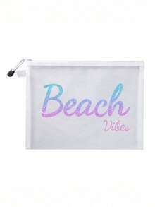 Bolsa de playa de malla impermeable y colorida con estampado impreso "Beach Vibe", temática de playa, bolsa de cosméticos transparente de gran capacidad, bolsa de almacenamiento para viajes de playa de verano, estuche de maquillaje con cremallera de nailon, ligera, puede almacenar protector solar, aperitivos, bikini y artículos esenciales de playa. Almacenamiento de primavera/verano, decoración de dormitorio, vuelta a la escuela - Multicolor - Ver 12