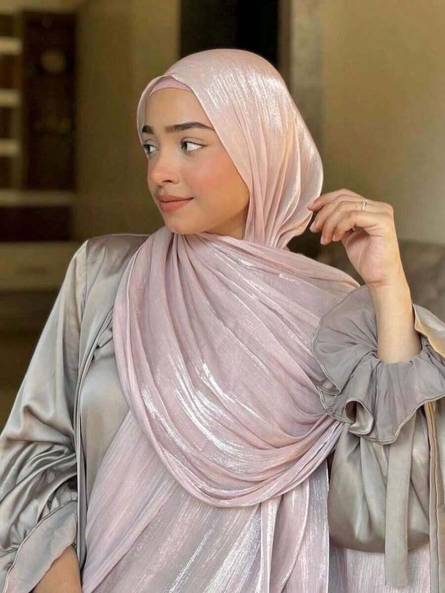 1pc Ladies' Solid Color Sparkling Chiffon Daily Headscarf Beach Shawl Sun Protection Hijab - 彩色 - 查看 1