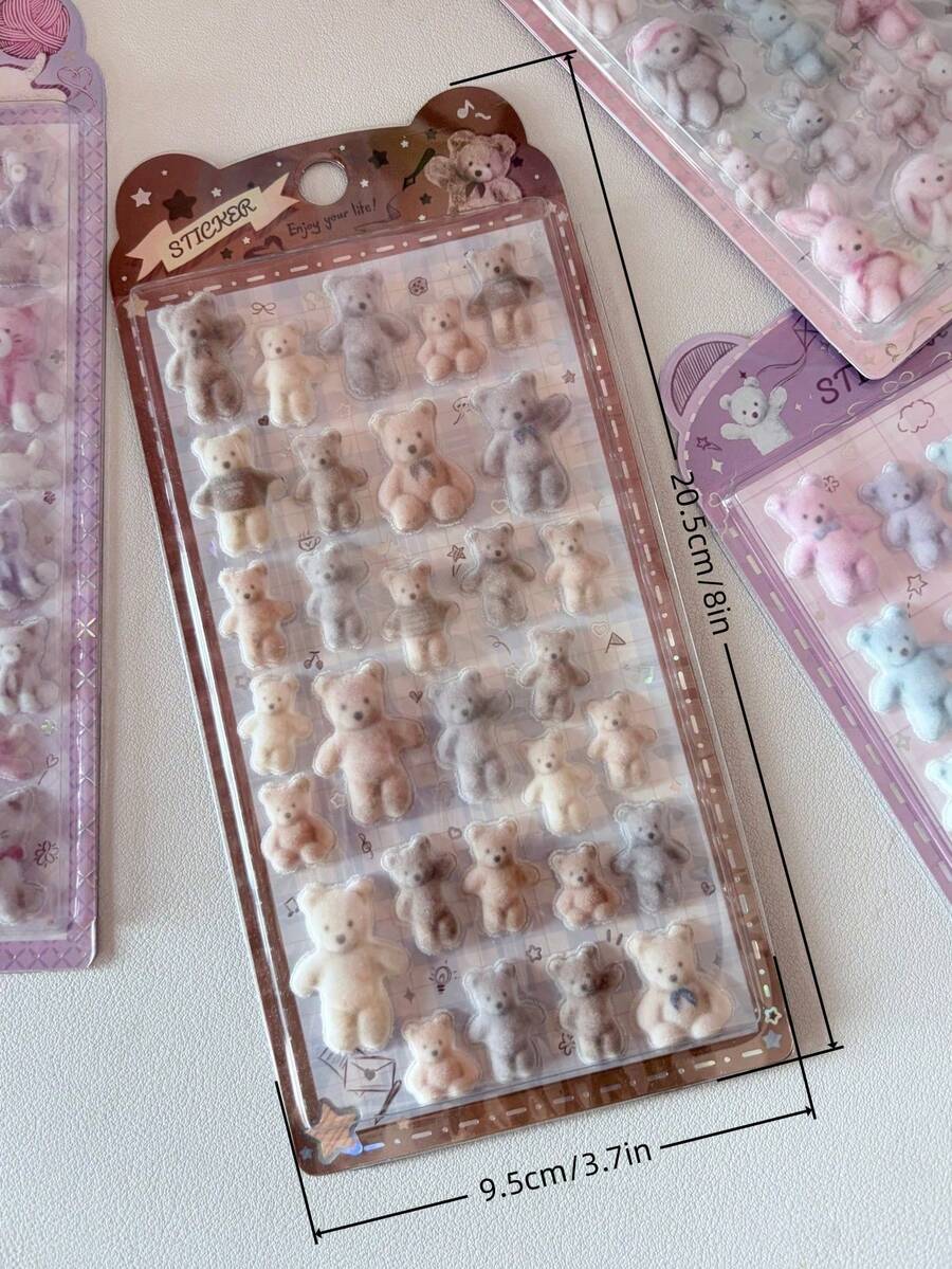 可爱柔软绒面小熊和小兔子贴纸 - 6 款 3D 立体泡沫动物贴纸，可用于装饰水瓶、笔记本电脑、手机壳等 - color - 查看 1