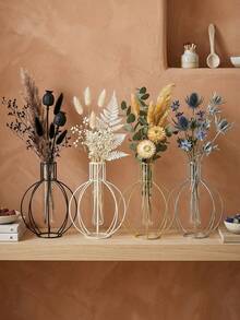 1 Stück geometrische Metall-Eisen-Blumenvase mit Durchbruchmuster, rustikale Vintage-Landhaus-Heimdekoration, goldene Zylindervase mit klarem Einsatz für Blumenstiele, Blumenarrangement-Tischschmuck für Hochzeit, Wohnzimmer, Tischdekoration, Pampasgras und Kunstblumen - B - Übersicht 8