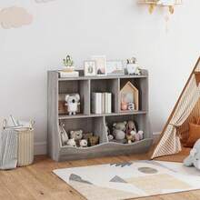 Organizador de juguetes y estantería de libros – Librero de madera con 5 cubos para almacenamiento múltiple. Ideal para guardería, dormitorio, colegio y pasillo. - Gris - Ver 5