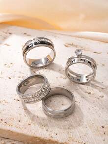 4 piezas de anillos de acero inoxidable con strass de lujo ligero y diseño geométrico de números romanos para mujer, chapados en oro de 18K, adecuados para uso diario o fiestas - Juego de anillos - Ver 8