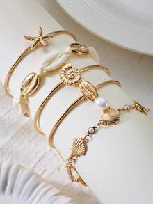 5 chiếc vòng tay co giãn nhiều lớp kiểu Bohemian đại dương làm từ hợp kim, đính hình sao biển, vỏ sò, ốc xà cừ và ngọc trai dành cho nữ. - Vàng - Xem 3