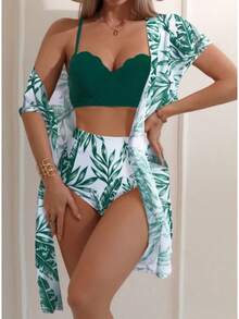 Custom Maple Leaf Print High-Waisted Slimming Bikini Swimsuit And Mesh Jacket. - Black and Blue - View 8