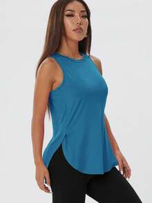 Atasan Olahraga Wanita Kasual Longgar Tanpa Lengan, Belahan Samping, Warna Polos, Nyaman untuk Berolahraga, Musim Semi/Panas - Aqua Biru - View 4