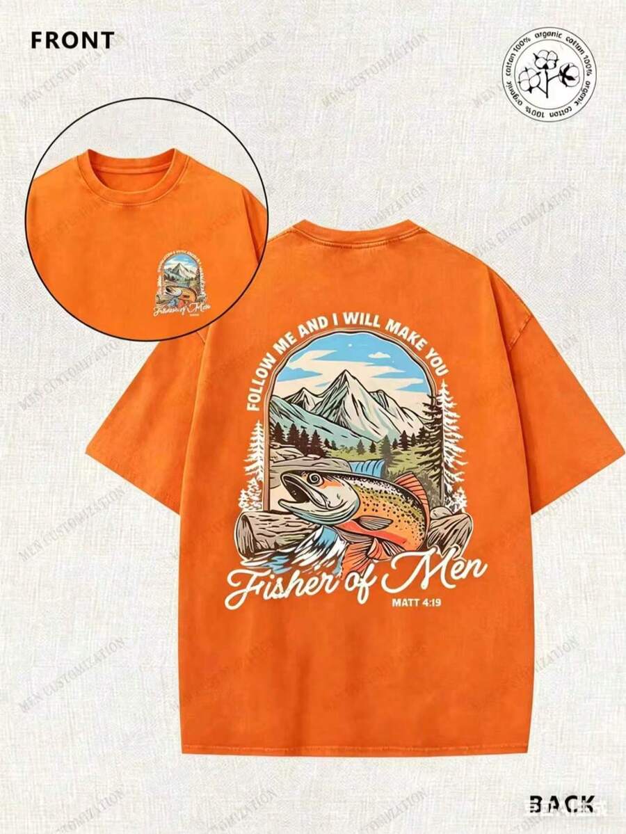 Matthew's Gospel, Fishing, Fisherman, Religion, 230g Double-Sided Printed Batik Vintage Washed T-Shirt, 100% Cotton, Comfortable For Summer Wear, Simple And Casual, Men's Cool Short-Sleeve T-Shirt - 橘色 - 查看 1