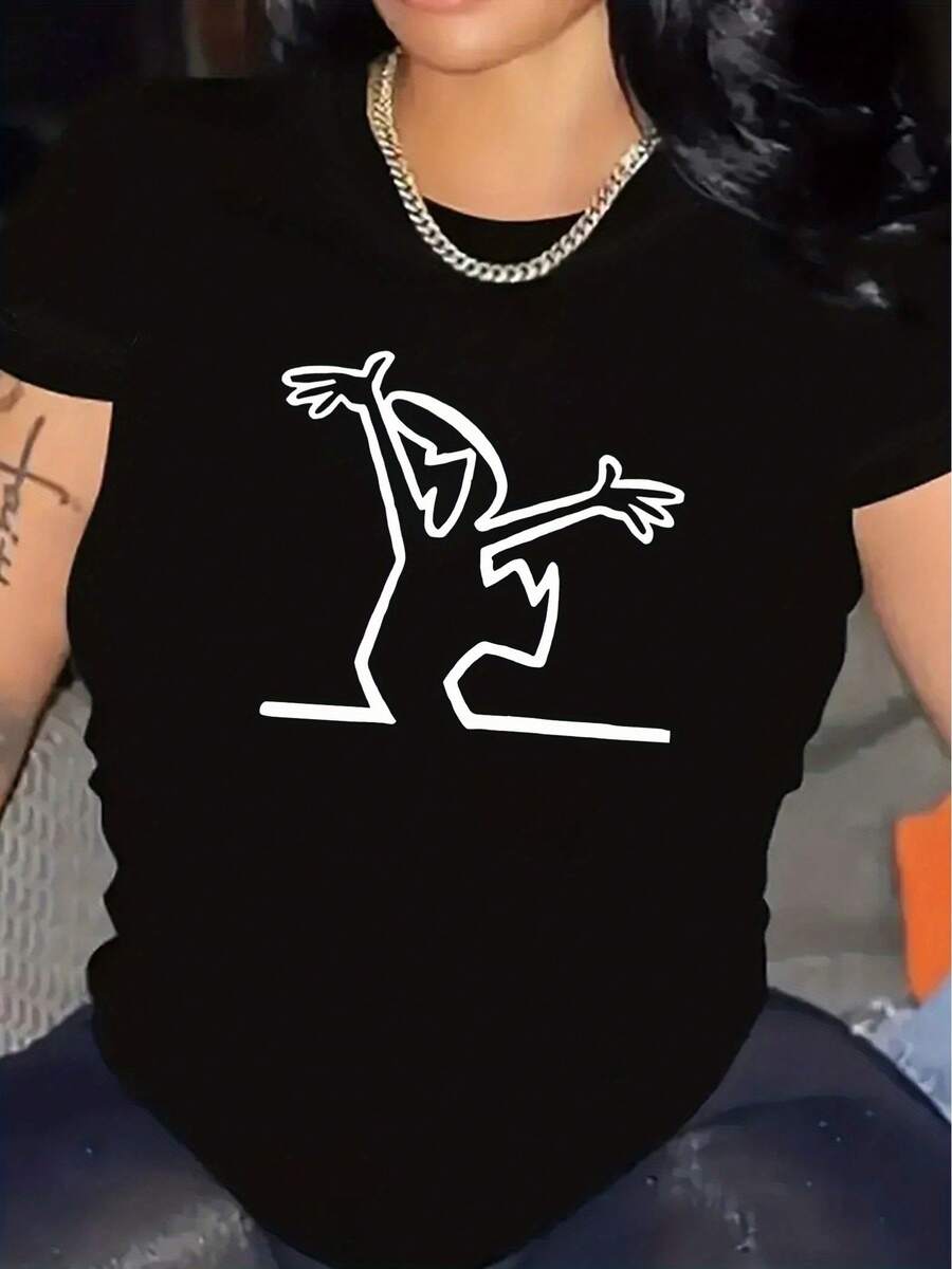Camiseta Deportiva de Manga Corta con Cuello Redondo y Diseño Gráfico Divertido para Mujer - Negro - Ver 1