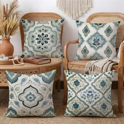 4pcs Bohemian Style Vintage Green Watercolor Floral Mandala Print Throw Pillow Covers [No Pillow Insert], 17.7*17.7in(45*45cm)/19.69*19.69in(50*50cm)/15.75*15.75in(40*40cm), [Single-Sided Printing], Made Of Polyester, Watercolor Green Geometric Floral Cushion Covers For Sofa, Living Room, Bedroom, Car, Office, Hotel, Homestay Decor, Perfect Gift For Family And Friends