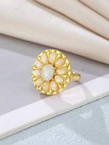 1枚奢华花朵鸡尾酒戒指，波西米亚风婚礼/订婚戒指，镶嵌椭圆形仿合成蛋白石，四季皆宜的优雅礼物，适合派对和宴会。 - 戒指 - 查看 4