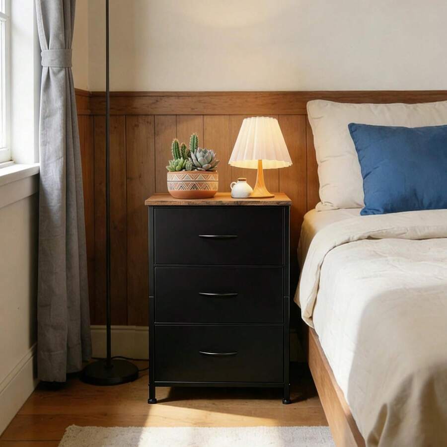 Organizador de almacenamiento multifuncional, elegante armario de 3 cajones con contenedores de tela extraíbles para dormitorio, sala de estar, armario, entrada, pasillo, lavandería - Color negro + vintage - Ver 1