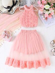2pcs/Set Girls' 3D Rose Floral Camisole And Mesh Shorts Set, Suitable For Party And Outdoor Wear, Summer - Pink - View 2
