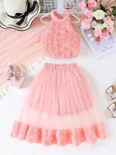 Set de 2 piezas de camiseta de tirantes con flores de rosa 3D y shorts de malla para niñas, adecuado para fiestas y uso al aire libre en verano
