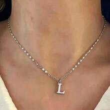 不锈钢极简字母项链套装，女士人字纹链项链，唇形链，多层字母项链 - 銀色2 - 查看 27