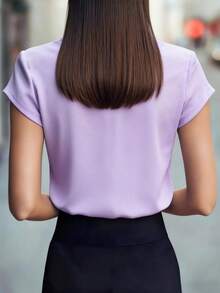 Women's Elegant Mandarin Collar Short Sleeve Blouse - Crisp White Satin-Like Fabric, Versatile For Work, Party, Spring/Summer/Autumn, Classic Solid Color, Crease-Resistant Design, Flattering - Mauve Purple - View 2
