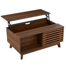 Retro-Modern Coffee Table, Height-Adjustable Top, Sliding Louvered Door, Walnut Finish, MDF Structure, Multifunctional Living Room Table - Walnut - View 7