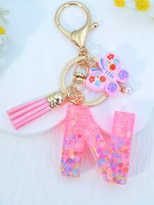 1pc Resin Letter Keychain With Butterfly & Pearl Decor, Minimalist Bag Charm, Holiday Gift For Women A-Z - Baby Pink - View 30
