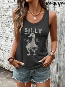 Women's Silly Duck Retro Graphic Racerback Tank Top, 180G Vest Casual Summer Top, Duck Lover Tees, Vacation Outfits Women, Summer Clothes For Women - 深灰色5 - 查看 2