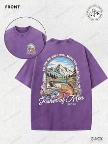 Matthew's Gospel, Fishing, Fisherman, Religion, 230g Double-Sided Printed Batik Vintage Washed T-Shirt, 100% Cotton, Comfortable For Summer Wear, Simple And Casual, Men's Cool Short-Sleeve T-Shirt - 紫色 - 查看 2