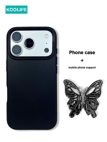 Koolife 2-Pack Black Solid TPU Phone Case And Black Butterfly Stand, Minimalist Anti-Slip Soft Case With Camera Protection, Fashionable Gift For Men And Women
